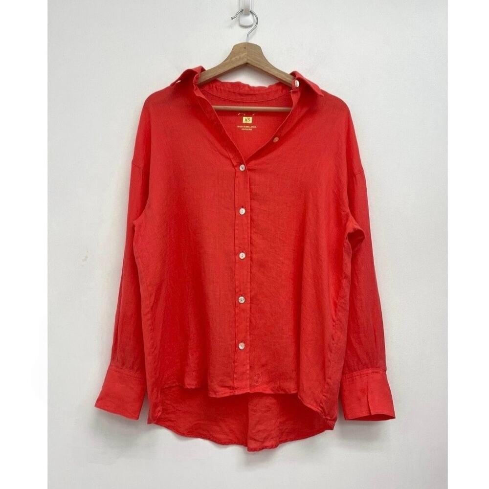 Lilly Pulitzer Stevey Linen Relaxed Button Down Shirt Coastal Oversized Coral XS